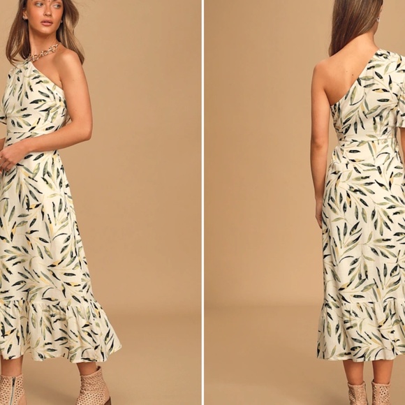 Truly Tropic Cream Leaf Print One-Shoulder Midi Dress, Lulus XS - Picture 2 of 16